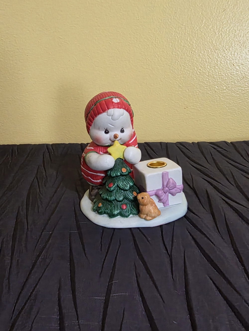 1988 Enesco White and Red Snowman with Green Christmas Tree Candle Holder